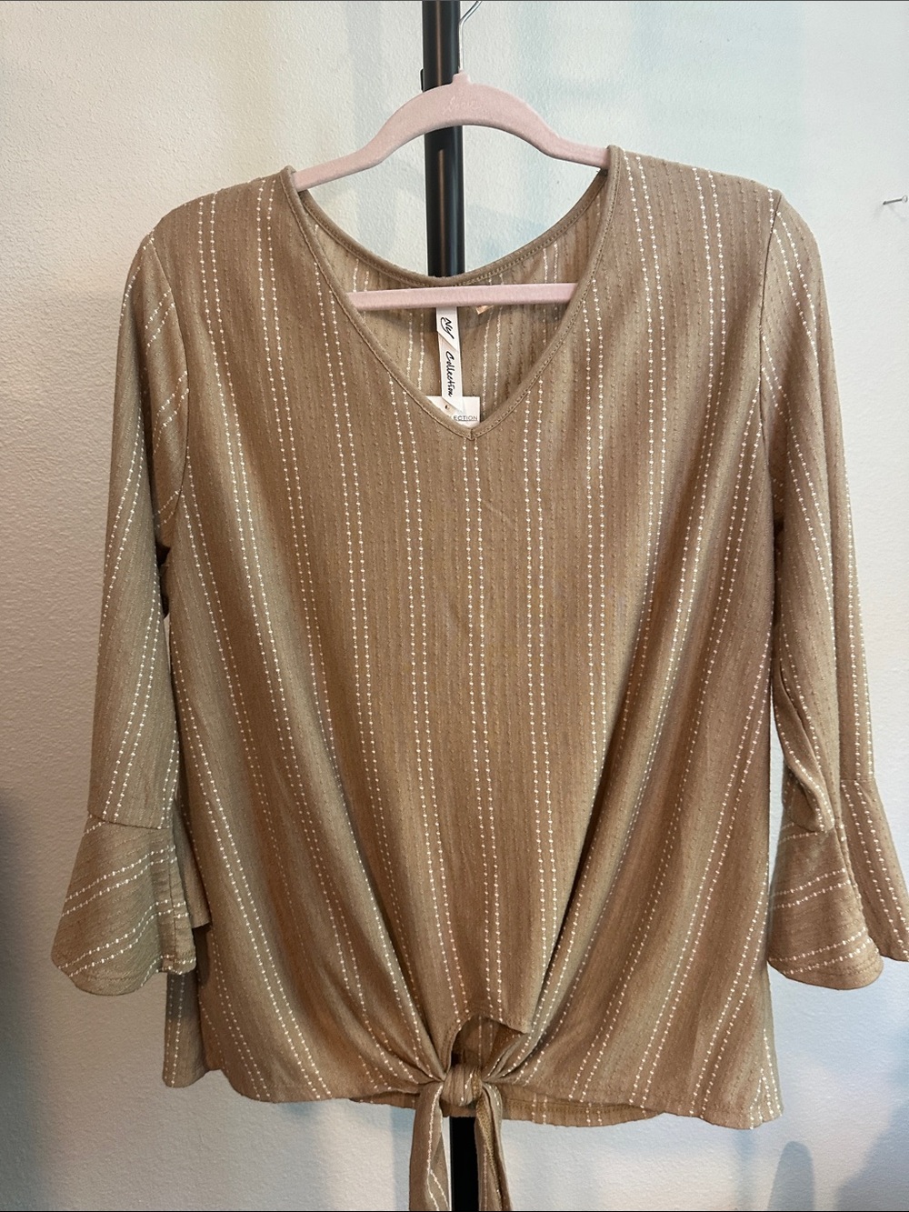 NY Collection Taupe Tie-Front V-Neck Blouse with Cream Designed Pinstripes
